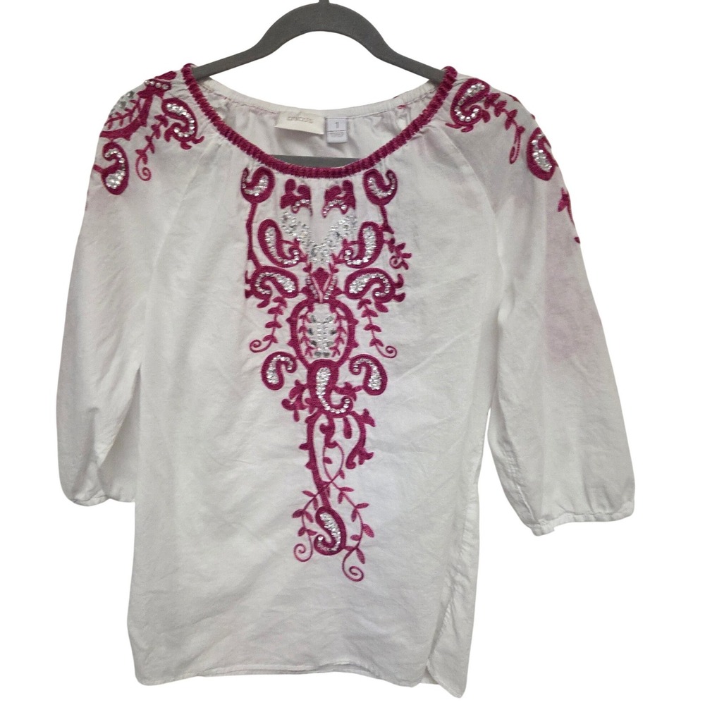 Chicos White Embroidered Beaded 3/4 Sleeve Tunic Top‎ Size M
